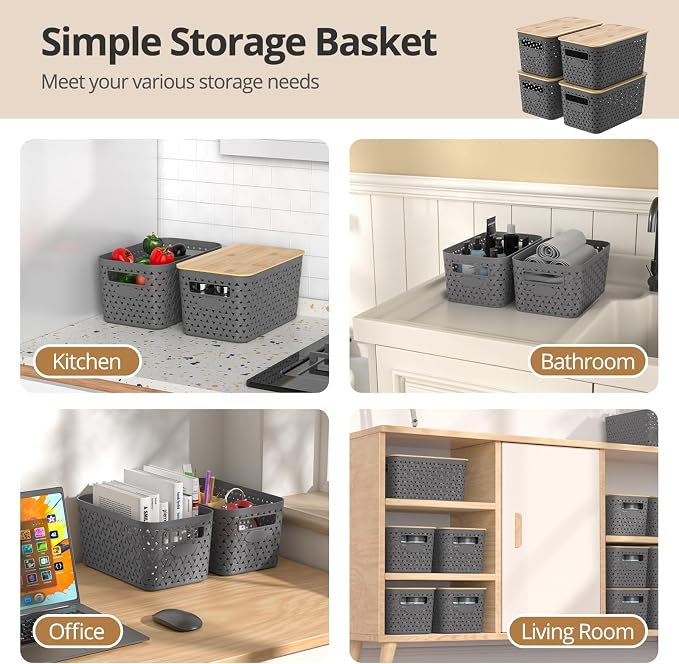 Plastic Storage Bins with Bamboo Lids, Stackable Small Box Baskets for Organizing and Containers for Shelves Drawers Desktop Closet Pantry Classroom Office Home, 4 Pack 12x7.3x6.2 Inch, Gray - Image 4