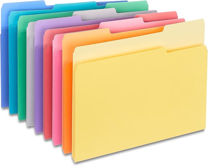 Staples File Folder, Letter Size, 1/3‑Cut Tabs, Assorted Colors, Durable Paper Stock, 500/Carton by Staples