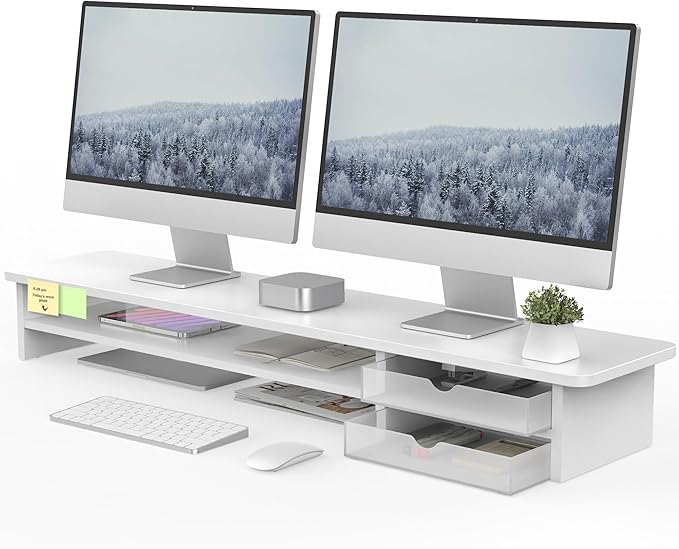 Fenge Monitor Stand, Desk Computer Riser with Frosted Storage Drawer, White | 42.5 Inch Dual Monitor Riser, 2 Tiers, Cable Management, Desk Shelf for 2 Monitors, Ultrawide Screen, Laptop, TV, Home Office by Fenge