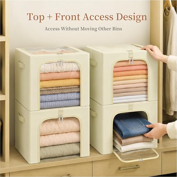 GoMaihe Clothes Storage Bins with Metal Frame for Closet, 40L 4-Pack Beige | Sweaters Hoodies Jeans T-Shirt, Closet Top Shelf Organizer, Collapse-Proof Stackable, Clear Window, Dual Access Space Saving - Image 5