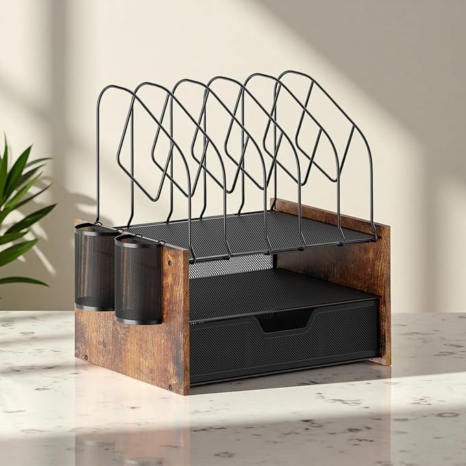 Desk Organizer with Drawer, Desktop File Organizer and Paper Tray Organizer with Vertical File Holder, Office Desk Accessories for Mail, Documents, Papers, Notebooks and Home Office Storage - Image 2