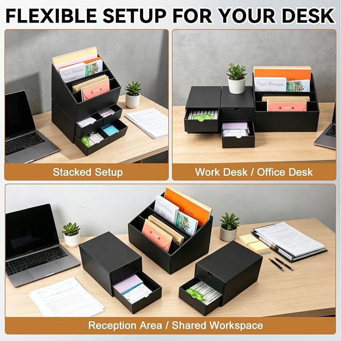 3 Sets Desktop Mail Organizer with Drawers, 4-Compartment Stepped Mail Sorter and 2-Drawer Storage Box for Bills, Letters, Envelopes, Papers, Home Office, Reception, Entryway and Mailroom - Image 4