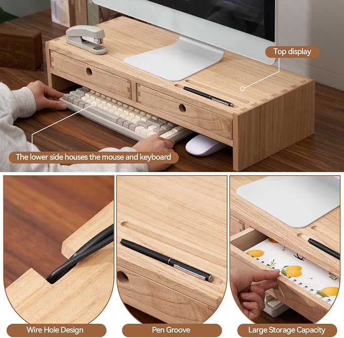 KIRIGEN Solid Wood Monitor Stand with 2 Drawers, Desk Riser, Natural PMJ-NA | Desktop Organizer with Cable Opening and Pen Slots Stores Office Supplies, Supports Up To 50 Lb and Arrives Fully Assembled. - Image 2