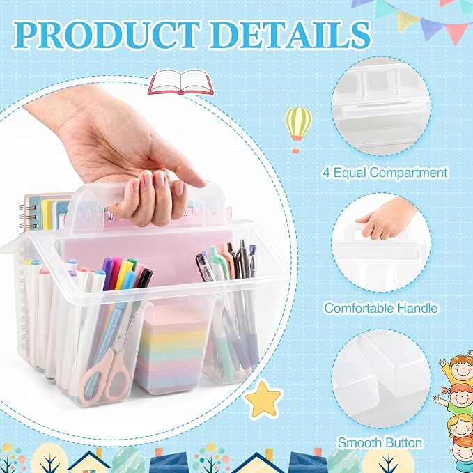 WILLBOND 12 Pcs Classroom Storage Caddies Stackable Utility Caddies with 4 Compartment Plastic Caddy with Handle Portable Storage Bins Organizers for Kids Schools Art Craft Supplies (Clear) - Image 5