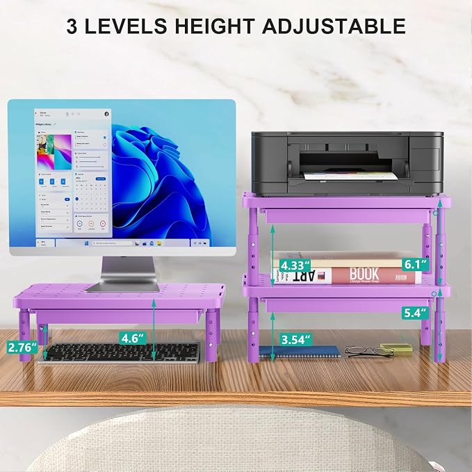 WALI Computer Monitor Stand with Storage, Monitor Riser 3 Height Adjustable | Laptop Riser with Airflow Vents, Desk Organizer for Computer, Printer, Notebook (PTT002-V), 1 Pack, Violet - Image 2