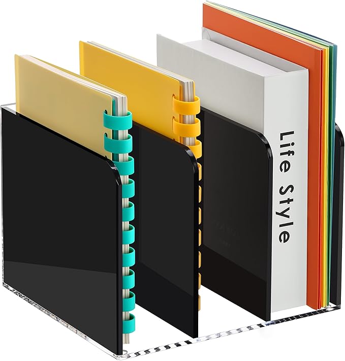 SANRUI Black Acrylic Magazine File Holder Desktap Organizer Folder Sorters | Clear Workspace Document Rack, Bookend File Office Accessories Organization Storage, 3 Vertical Compartments by SANRUI