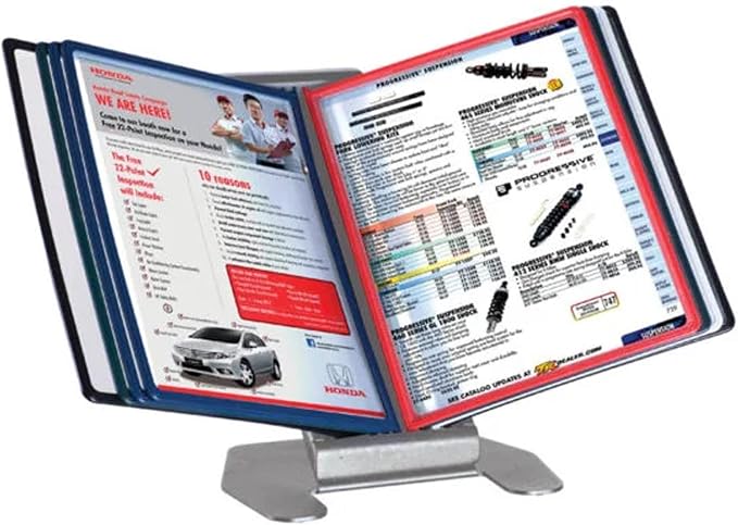 M&T Displays Desk Reference Organizer with 10 Black Double-Sided 8.5x11 Inch Letter Front Loading Corner Tuck Easy Load Pockets Pivoting Doc Display Catalog Menu Holder Adjustable Gray Metal Base by MTDisplays