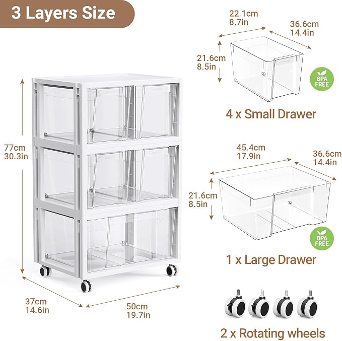 Stackable Storage Drawer Carts, Extra Large Bins 3 Tier 5 Drawers | Smooth Pull-Out Drawers, Clear Plastic Storage Organizer Container For Home Office Bedroom Bathroom Art Crafts Under Desk - Image 2