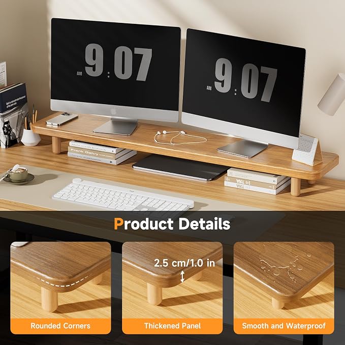 Dual Monitor Stand Riser, 39 Inch Extra Long Wooden Desktop Monitor Riser with Storage for 2 Monitors Ultra Strong Desk Shelf Organizer Riser Ergonomic for 2 Screens/Laptop/PC/TV/Printer (Light Walnut, 39inches) - Image 2