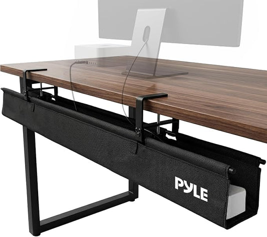 Pyle 48" Under Desk Cable Management Tray, Under Desk Wire Organizer with Clamp or Screw Mount, Desk Cable Organizer with Fabric Design for Large Workstations, Built-in Ties, 20 lb Capacity, Black by PyleUSA