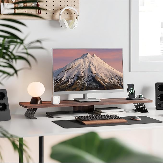 Fenge Monitor Stand Riser, Wooden & Metal Desk Shelf Organizer, Brown | 42.5 Inch Dual Monitor Riser for 2 Monitors, Multifunctional Monitor Shelf for Laptop, PC, Printer - Image 2