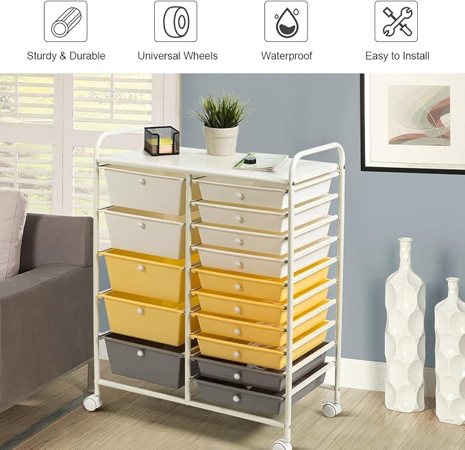 GOFLAME 15-Drawer Rolling Storage Cart, Craft Storage Cart with Removable Drawers & Lockable Wheels, Art Cart Supply Storage Organizer for Home Office Classroom, Yellow - Image 4