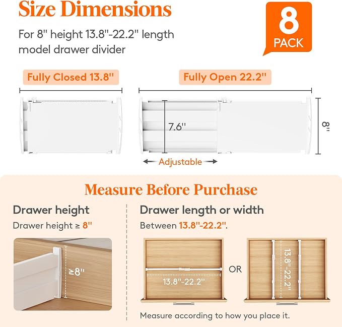 Lifewit 8" Tall Drawer Dividers, Adjustable Deep Drawer Organizer Clothes | 8 Pack 13.8"-22.2" Expandable White Plastic Separators for Dresser, Kitchen, Cabinet, Closet, Office Organization & Storage - Image 2