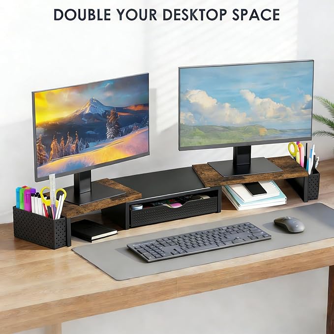 Spacrea Wood Dual Monitor Stand Riser with Drawer and 2 Pen Holders | Monitor Riser Desk Organizers and Accessories,Desk Accessories & Workspace Desktop Organizers for Office Supplies - Image 4