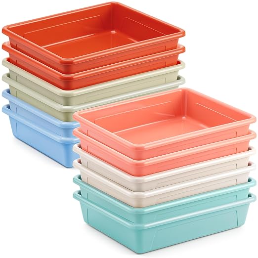 Affrolling 12 Pack Letter Size Flat Storage Tray, Stackable Plastic Organizer Bins for Classroom, Turn in Paper Tray Art Supply Baskets for Home School Office Teacher Desk Organization (Light Colors) by Affrolling
