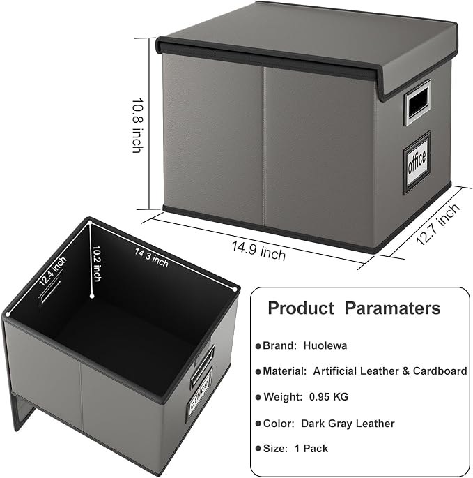 File Organizer Box with Lids, Collapsible File Folder Organizer | File Box with Plastic Slides for Document, Filing Bin for Letter Size Hanging File Folders (1 Pack, Dark Gray, Leather) - Image 2
