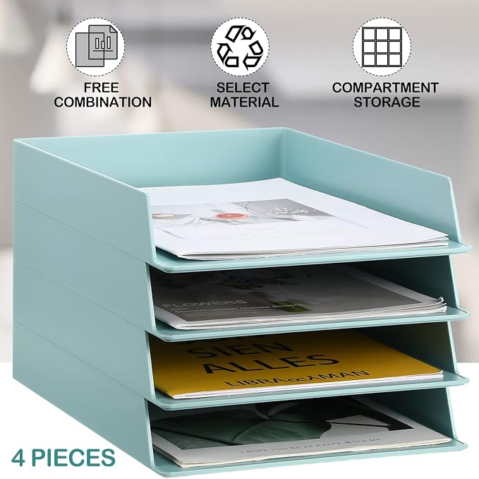 Tatuo 4 Pack Stackable Paper Trays Plastic Letter Tray Desk Organizer Paper Holder Organizer Storage Office Desk Accessories for Classroom Magazine File Documents 12.8 x 9.45 x 1.97, Blue Green - Image 2