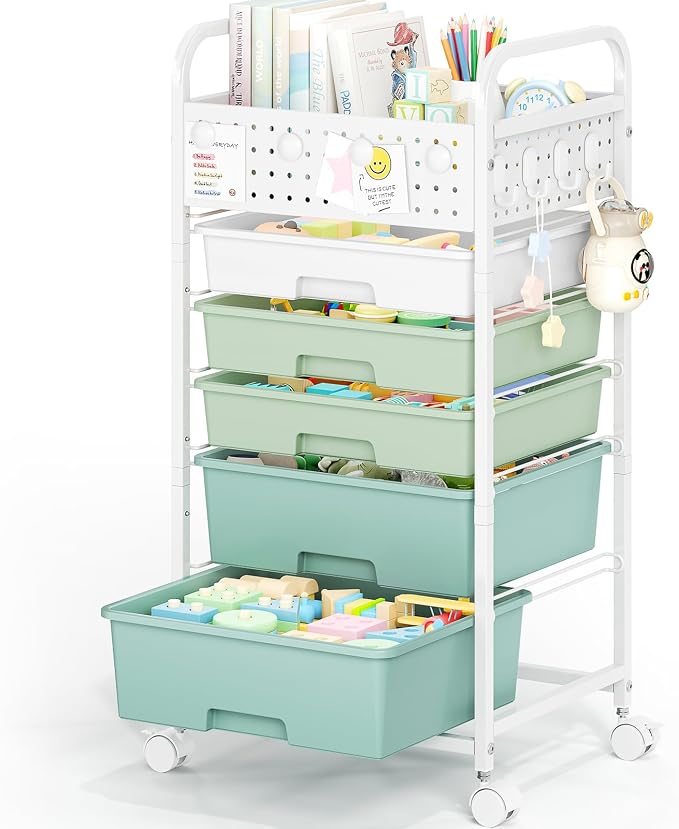 5 Drawer Rolling Storage Cart with Pegboard Top and Hooks, Gradient Green | Mobile Organizer Cart with Wheels for Office Supplies, Craft Storage, Classroom Organization, Home Utility Cart by SYKIARIOL