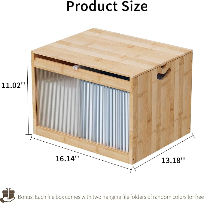 Bamboo Hanging File Organizer, Desk File Box with Lids, 1 Pack, Natural | Removable Lid, Clear Acrylic Side Panels, 2 Hanging Folders Included, Helps Reduce Dust, Letter & Legal Size, Easy Assembly - Image 2
