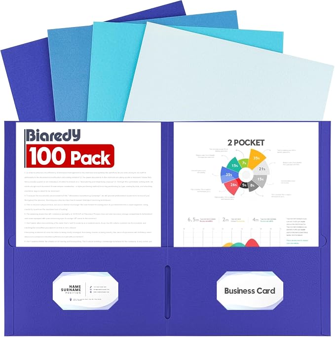 100 Pack 2 Pocket Folders, Letter Size 8.5" x 11" Folders with Business Card Slot, Durable Paper Bulk File Folders for Office, School, Presentation Home and Business Use, Blue Assorted by Unknown