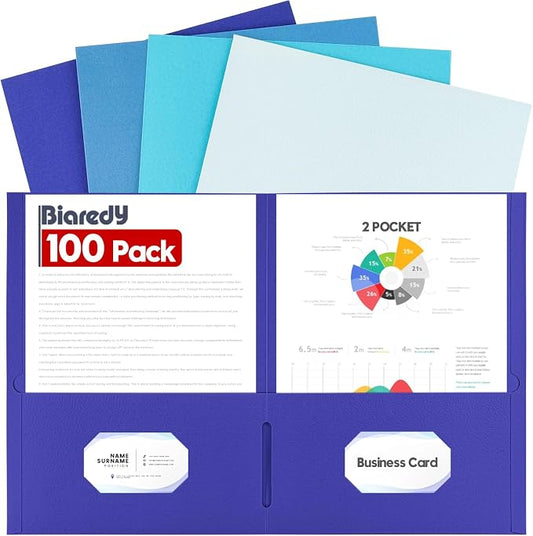 100 Pack 2 Pocket Folders, Letter Size 8.5" x 11" Folders with Business Card Slot, Durable Paper Bulk File Folders for Office, School, Presentation Home and Business Use, Blue Assorted by Unknown