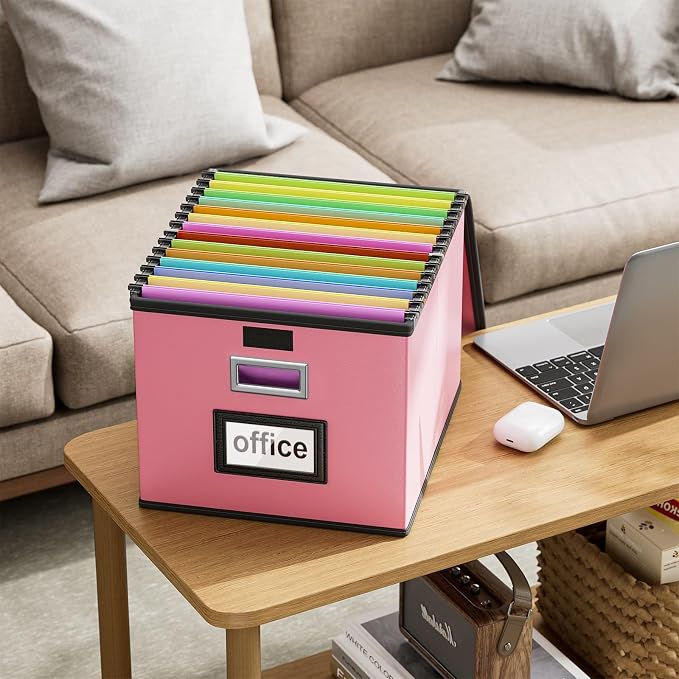 File Organizer Box with Lids, Collapsible File Folder Organizer | File Box with Plastic Slides for Document, Filing Bin for Letter Size Hanging File Folders (1 Pack, Pink, Leather) - Image 8