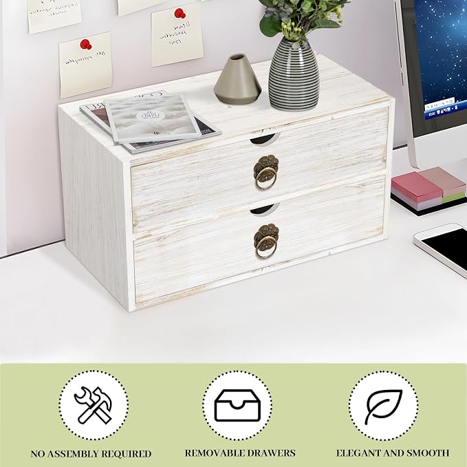 Wood Desk Organizer, White Wooden Desktop Organizer with Drawer, Tabletop Storage Organization Box for Countertop, Home Office Supplies, Bills (2 Drawer) - Image 7