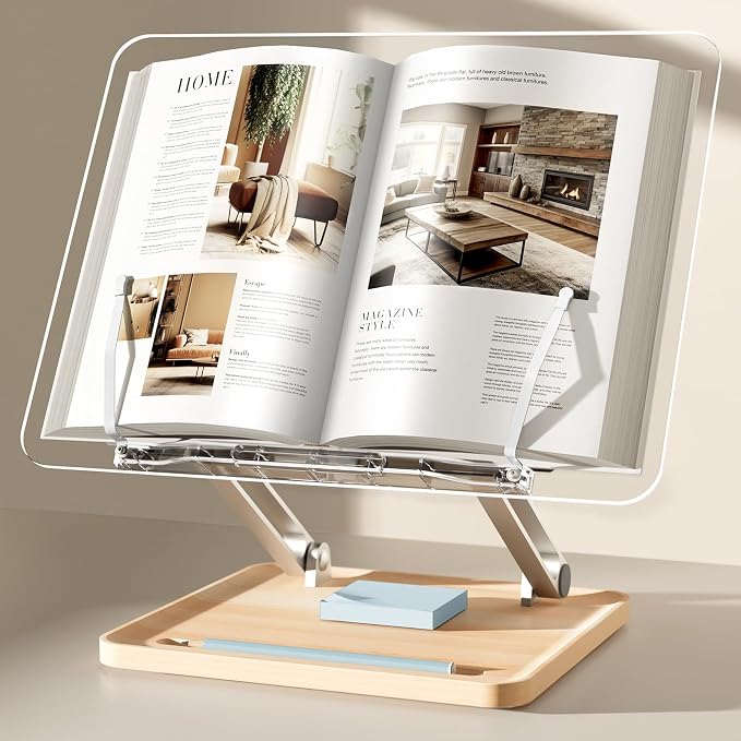 Acrylic Book Stand with Storage Base, Dual Aluminum Arm Reading Holder | Non-Slip Silicone Clips, Hands-Free Reading, Holds Pens & Notes, for Cookbook, Recipe & Textbook by UPERGO