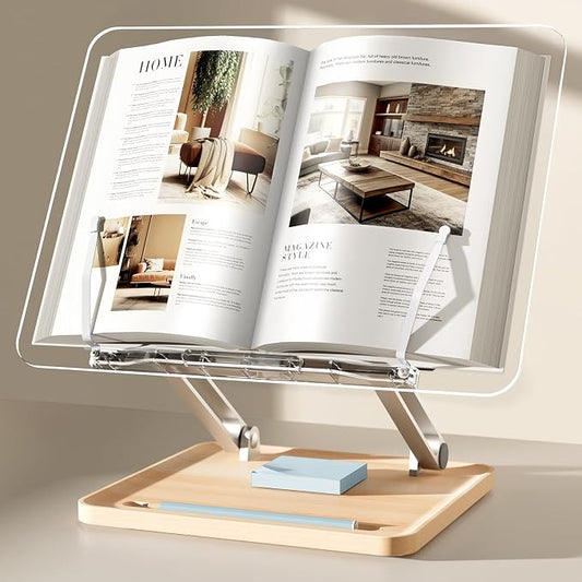Acrylic Book Stand with Storage Base, Dual Aluminum Arm Reading Holder | Non-Slip Silicone Clips, Hands-Free Reading, Holds Pens & Notes, for Cookbook, Recipe & Textbook by UPERGO