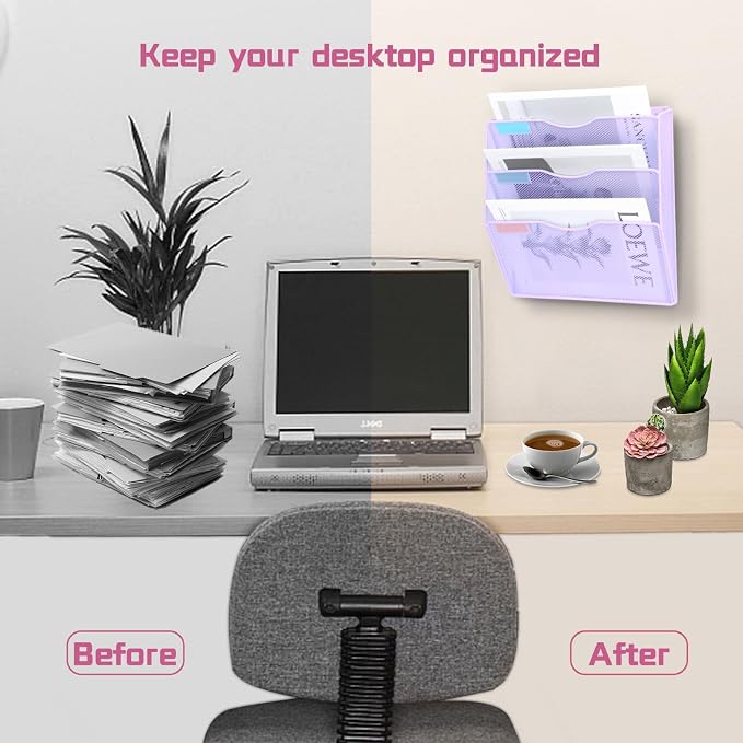 3 Pockets Mesh Wall File Holder Organizer Office Hanging File Folder Magazine Rack, Nametag Label Hooks Set Included (Purple) - Image 6