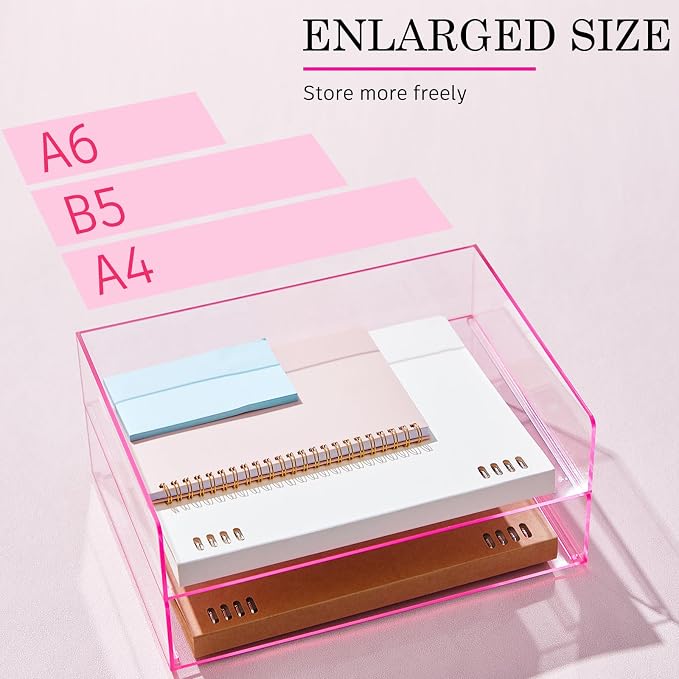 Harloon 4 Tier Paper Organizer Letter Tray Pink Acrylic Desk File Organizer Heavy Duty Stackable Documents Clear Letter Paper Holder Office Tray for A4, Office Classroom Home File Pad Notebooks - Image 4
