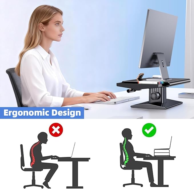 Ergonomic Height Adjustable Monitor Stand Riser,with Hidden Drawer | Knob Height Adjustment, Desktop Organizer for Home & Office Workspace, with Phone Holder & Pen Slot - Image 6