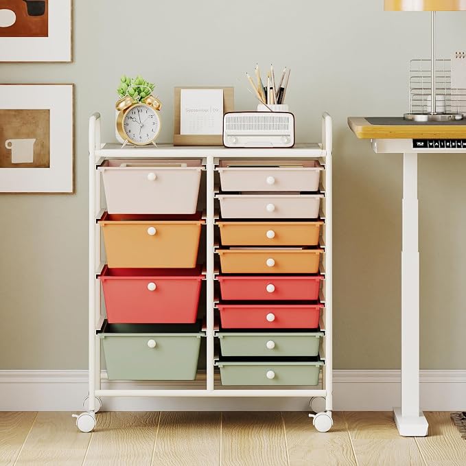 Giantex 12 Drawer Rolling Cart with Drawers, Storage Organizer Cart for Classroom Office School Teacher, Mobile Drawer Cart for Tools, Crafts, Small Printer, Macaron Multicolor - Image 2