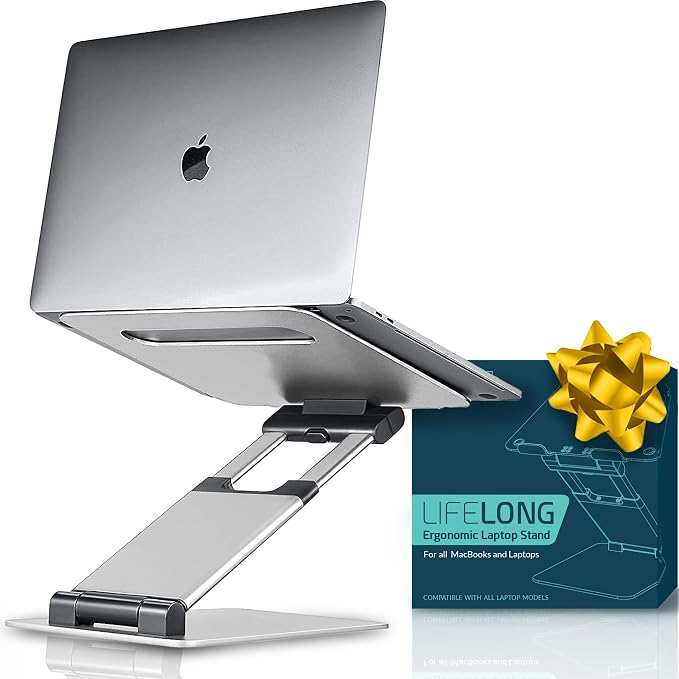 Lifelong Aluminum Adjustable Laptop Stand, Extra Tall 20" Riser, Silver | Ergonomic Laptop Stand for Desk, Portable Foldable Computer Stand, Fits 10-17 Inch Laptops & MacBooks by LIFELONG