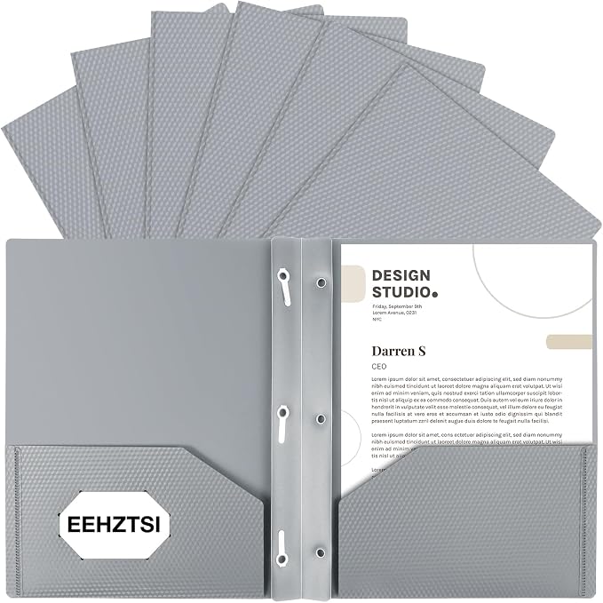 12-Pack Plastic Pockets with Prongs, 2-Pocket Folders with 3 Fasteners, Holds 8.5" x 11" Paper, Silvery by EEHZTSIOFFICE