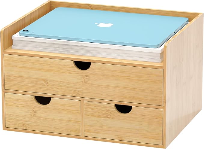 Bamboo Desk Drawer Organizer, Large Desktop Organizer with Drawers Tabletop Storage Organization Box for Office Home Toiletries Supplies Vanity, No Assembly Required (3 Drawer with Shelf) by Wisuce
