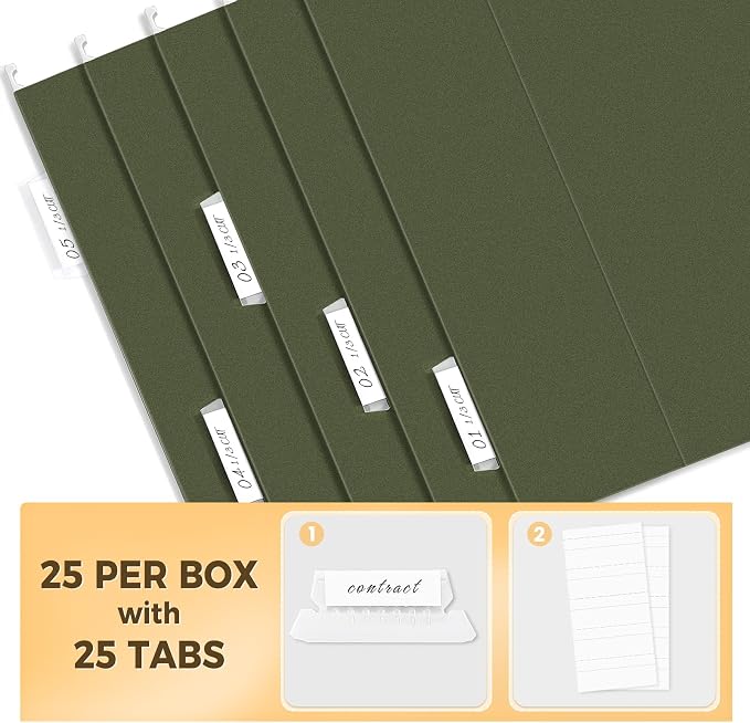 SUNEE Hanging File Folders, 25 Pack Reinforced Hang Folders Letter Size, Adjustable 1/5-Cut Tabs, Designed for Bulky Files, Filing Cabinet, Standard Green - Image 3