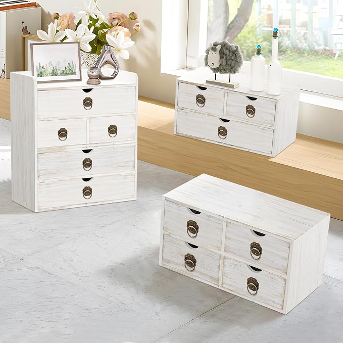 Wood Desk Organizer with Drawer, White Wooden Desktop Organizer, Tabletop Storage Organization Box for Countertop, Home Office Supplies, 13.5x6.6x8.2 Inch(3 Drawer and Shelf) - Image 9