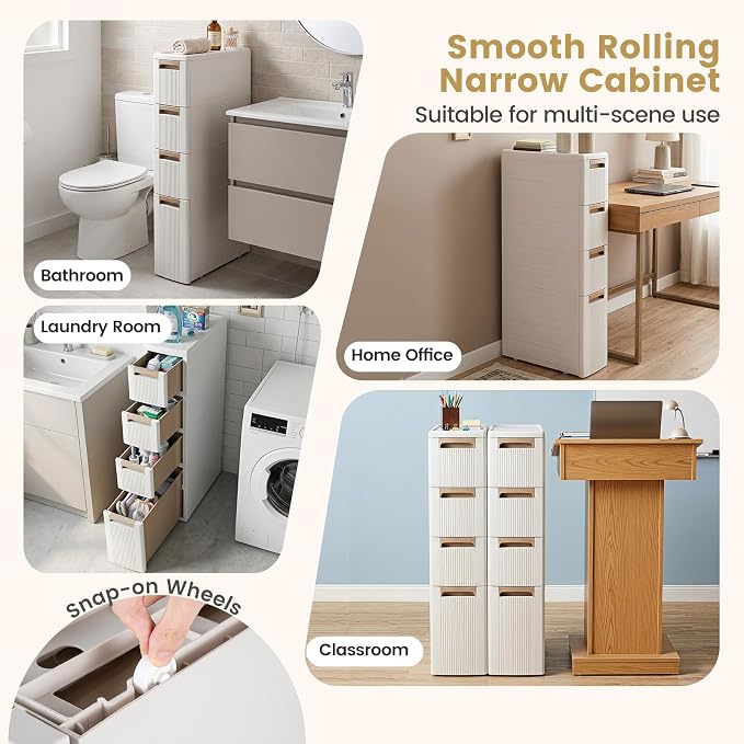 Giantex 4-Tier Narrow Storage Cabinet, Slim Rolling Cart with 4 Drawers & 3 Removable Dividers, Plastic Storage Organizer with Wheels for Small Spaces Bathroom Kitchen - Image 8