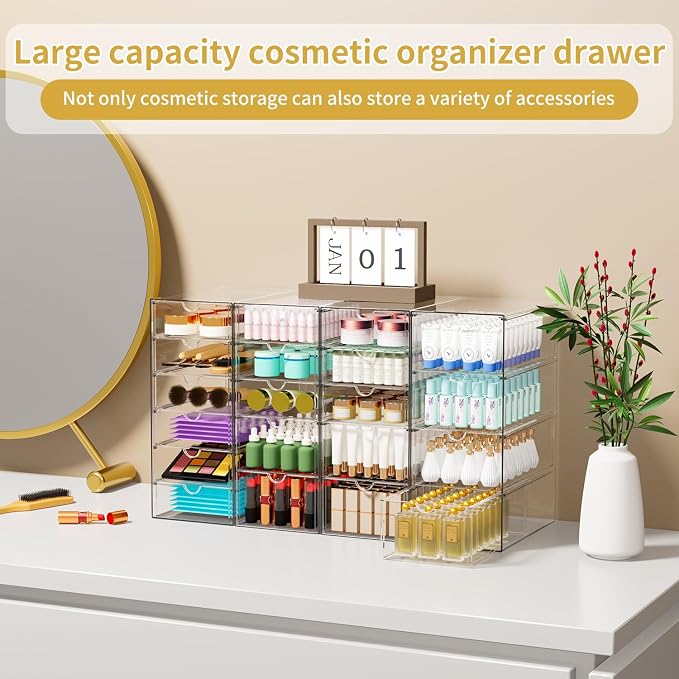 20 Drawers Acrylic Makeup Organizer, stackable Acrylic Storage Drawer | 4 Set Clear Storage Drawers, Acrylic Drawer Organizer for Desktop Office Supplies Make Up Pen Accessories - Image 5
