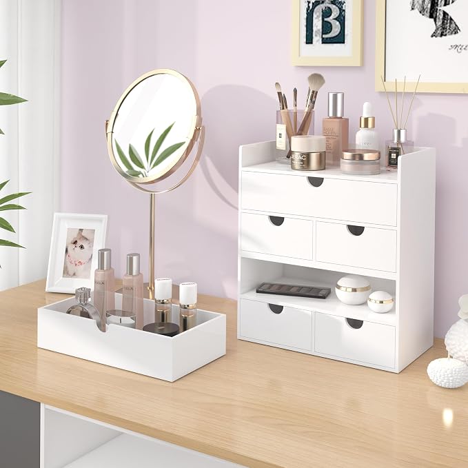 Bamboo Desk Organizer with Drawers Desktop Storage Drawers for Bills Office Supplies Kitchen Utensils Organizing Tool for Home Classroom Organization No Assembly (White with Shelf) - Image 7