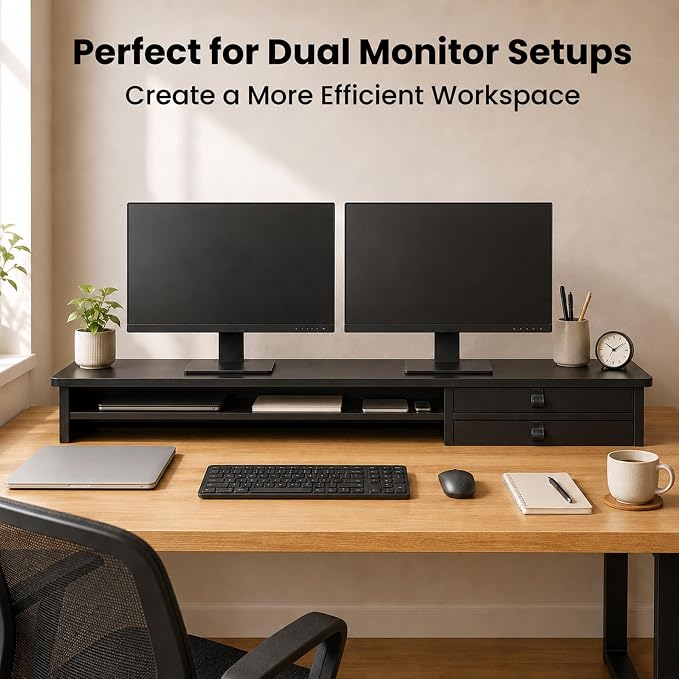 Dual Monitor Stand, 42.5 Inch Wood Monitor Riser with Drawers, 2 Tier Desktop Organizer for Computer Laptop TV, Large Screen Stand for Home Office Desk - Image 5