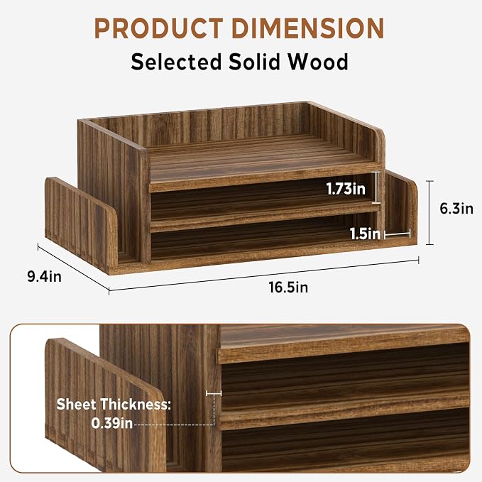 Wooden Desk Organizer, 3-Tier Paper Trays with 2 Mail Sorters, Dark Brown | Fully assembled with open shelves and side slots for sorting files, folder, letter, bill, magazine, notebook - Image 3