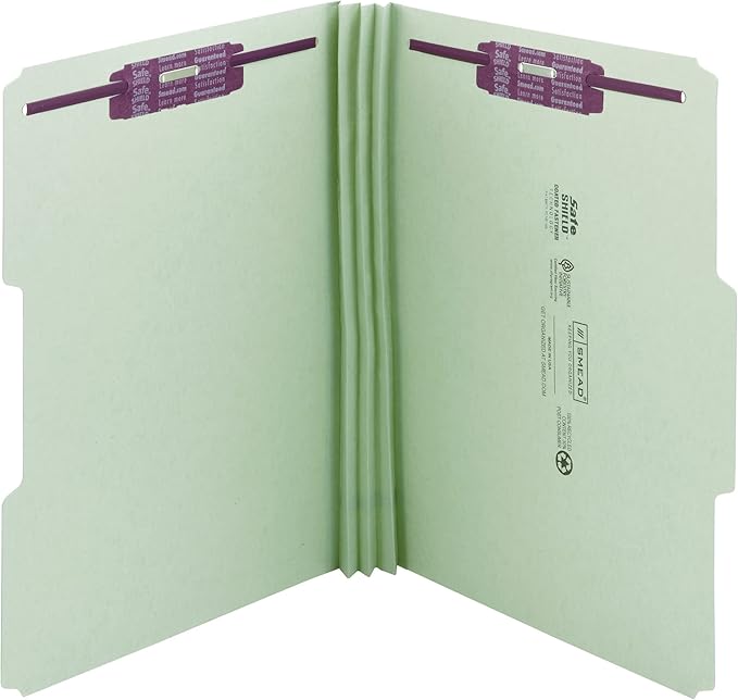 Smead Pressboard 2-Fastener File Folder with SafeSHIELD, 1/3-Cut Tab, 3" Expansion, Legal Size, Gray/Green, 25 Count, 19944 by SMEAD