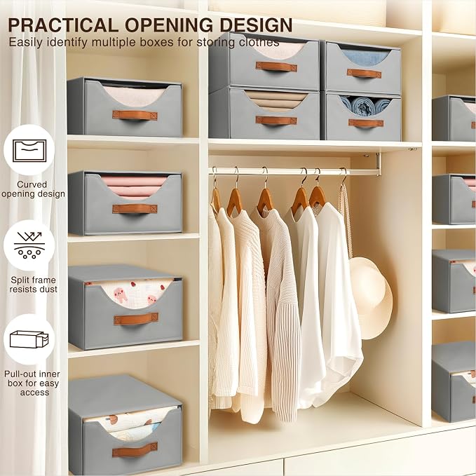 Stackable Storage Drawers - Collapsible Storage Bins with Drawers, 6 Pack Closet Shelf Organizer Basket, Fabric Pull Out Organizer for Bedroom, Living Room, Dorm, Grey - Image 5