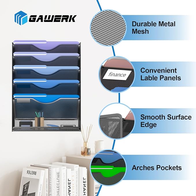 Gawerk 6 Tier Hanging File Organizer, Mesh Wall File Holder Paper Folder Rack with Bottom Flat Tray for Office Home, Black - Image 3