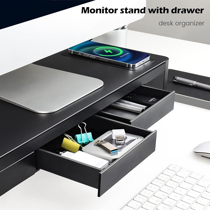 meatanty 3 In 1 Monitor Stand Riser with 2 Drawers,1 Wireless Charging Module and 4 USB Ports,Metal Computer Stand Support Transfer Data & Charging,Desk Organizer for PC,iMac (21 inches) - Image 3