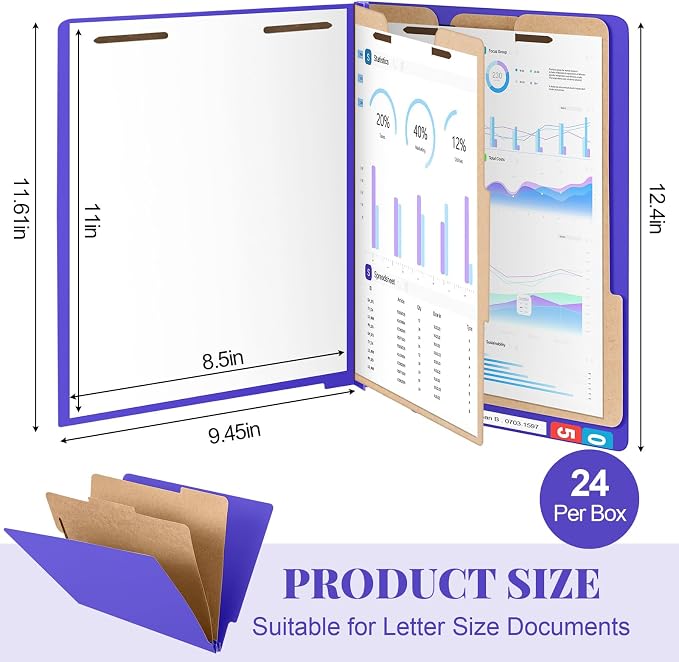 Skyygemm 24 Pack Classification Folders, Letter Size,2 Dividers,Purple | Pressboard File Folders, 2 Prong Fasteners, 2" Expanding, Manila, End Tab, for Office School Legal Records Medical - Image 2