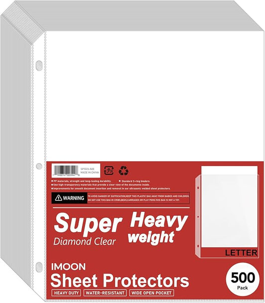 Super Heavyweight Sheet Protectors for 3 Ring Binders - 3-Hole Letter Size Clear Plastic Heavy Duty Sleeves, Archival Safe, Durable Page Protectors for Documents, 8.5x11 Inch (500 Pack Bulk) by Unknown