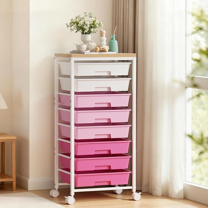 Rolling Cart with 8 Drawers, Plastic Drawer Storage Carts with Wheels & Wooden Tabletop, Metal Utility Cart Organizer for Bedroom Living Room Office Classroom Craft Organization and Storage, Pink by TimeForest
